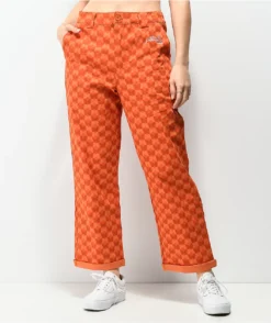 Petals And Peacocks Butterfly Checkered Orange Work Pants
