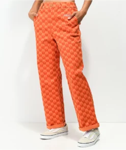 Petals And Peacocks Butterfly Checkered Orange Work Pants -Swimwear Store Petals and Peacocks Butterfly Checkered Orange Work Pants 349382 front US