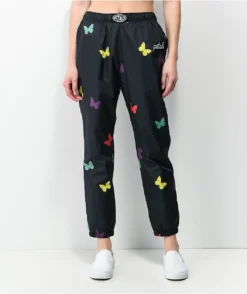 Petals By Petals And Peacocks Fluttering Black Elastic Waist Pants