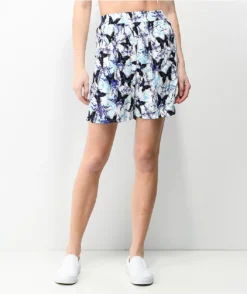 Vitriol Jazz Butterfly Print White & Purple Elastic Waist Shorts